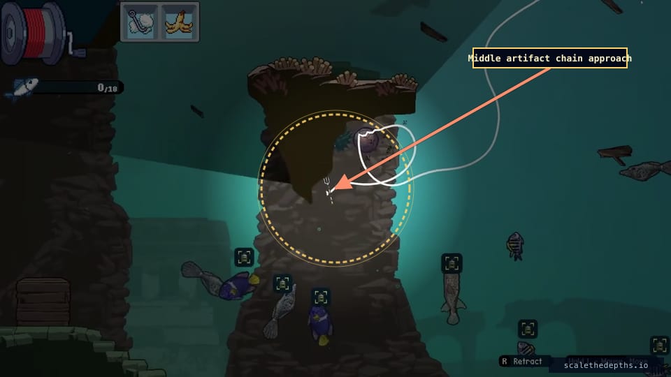 Approaching the middle artifact chain. The hook is dropping into the cramped mid-route pocket that opened past the west pressure-plate door — the message in a bottle from 3:13 is already behind you here.
