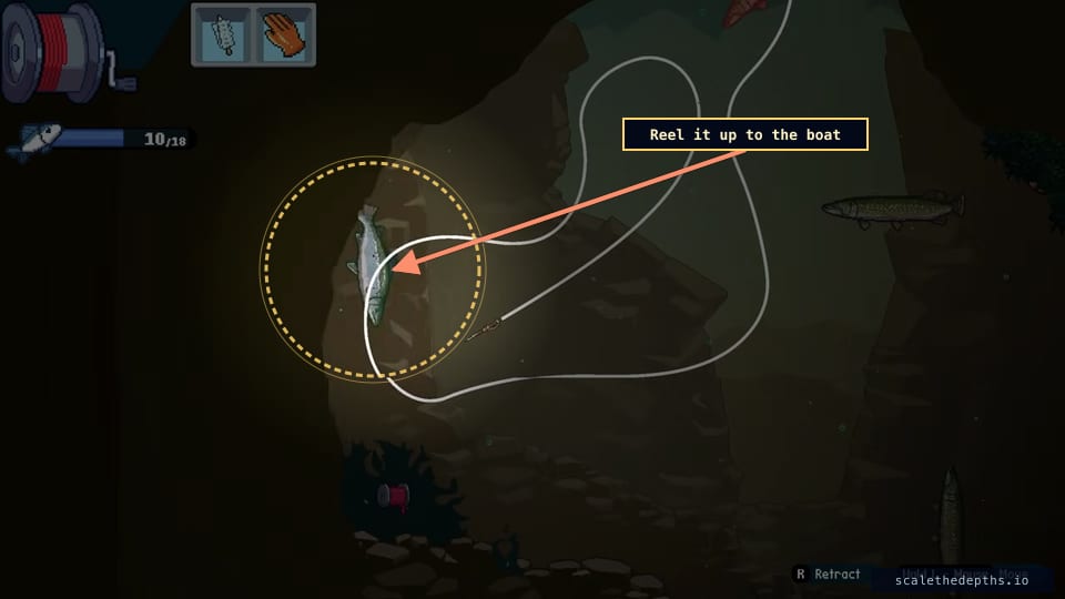Reel it back up. The legendary fish takes line as it fights, so keep your route clear of the cave walls on the way to the surface.