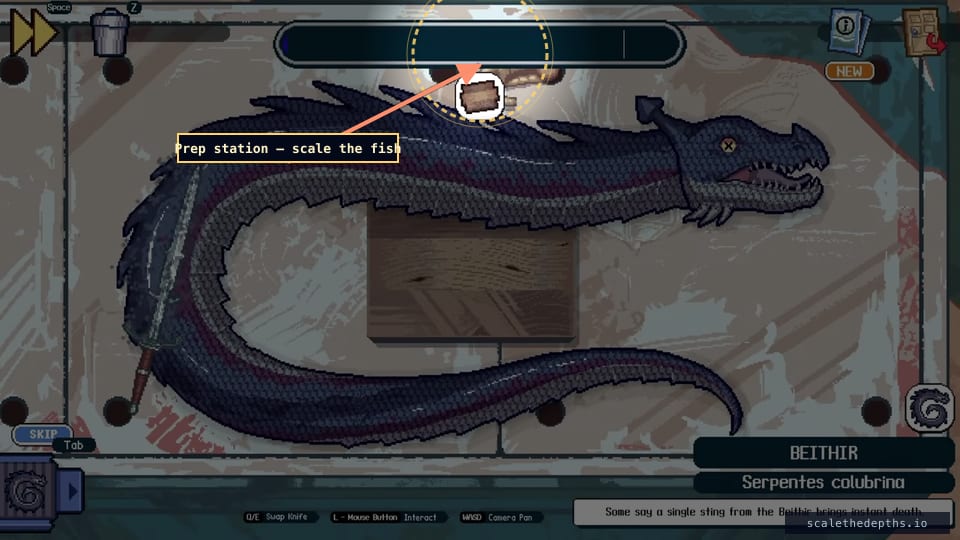At the boat, the Beithir fills the prep station — a blue-grey serpent-dragon labelled 'Beithir · Serpentes colubrina.' The bar up top is your scaling progress.